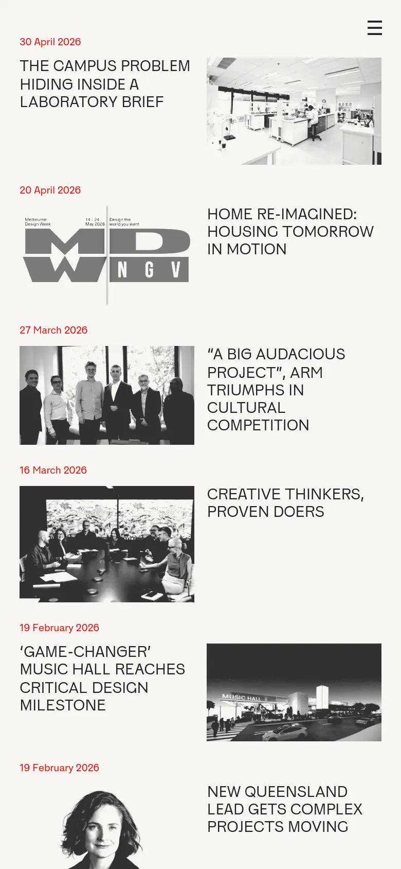 The mobile version simplifies the layout into a single-column vertical list. Each news item shows the date in red, followed by a bold headline and a large grayscale image spanning the width of the screen. A hamburger menu icon is visible at the top right for navigation.