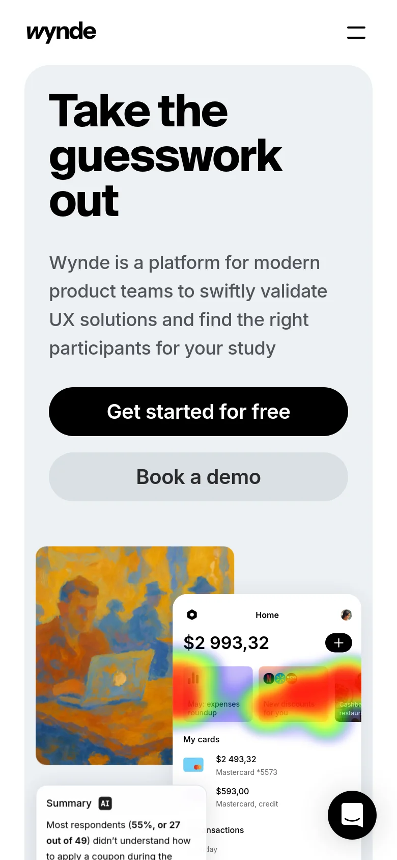 The mobile version presents a vertically stacked layout with the 'Take the guesswork out' headline and description at the top, followed by large, full-width buttons for 'Get started for free' and 'Book a demo'. Below the buttons, the hero graphic is scaled down to fit the narrow screen, showing the dashboard and research summary elements in a single column.