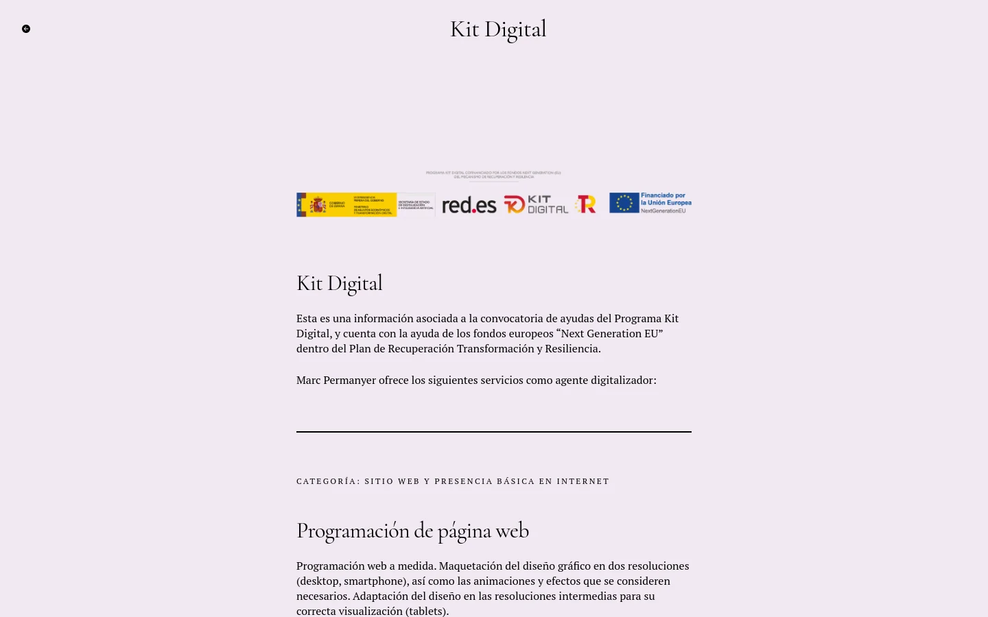A minimalist desktop webpage with a light pink background and black serif typography. The header features the title 'Kit Digital' above a horizontal row of logos including red.es, Kit Digital, and the European Union NextGenerationEU flag. Below, text describes digital services provided by Marc Permanyer under the Kit Digital program.