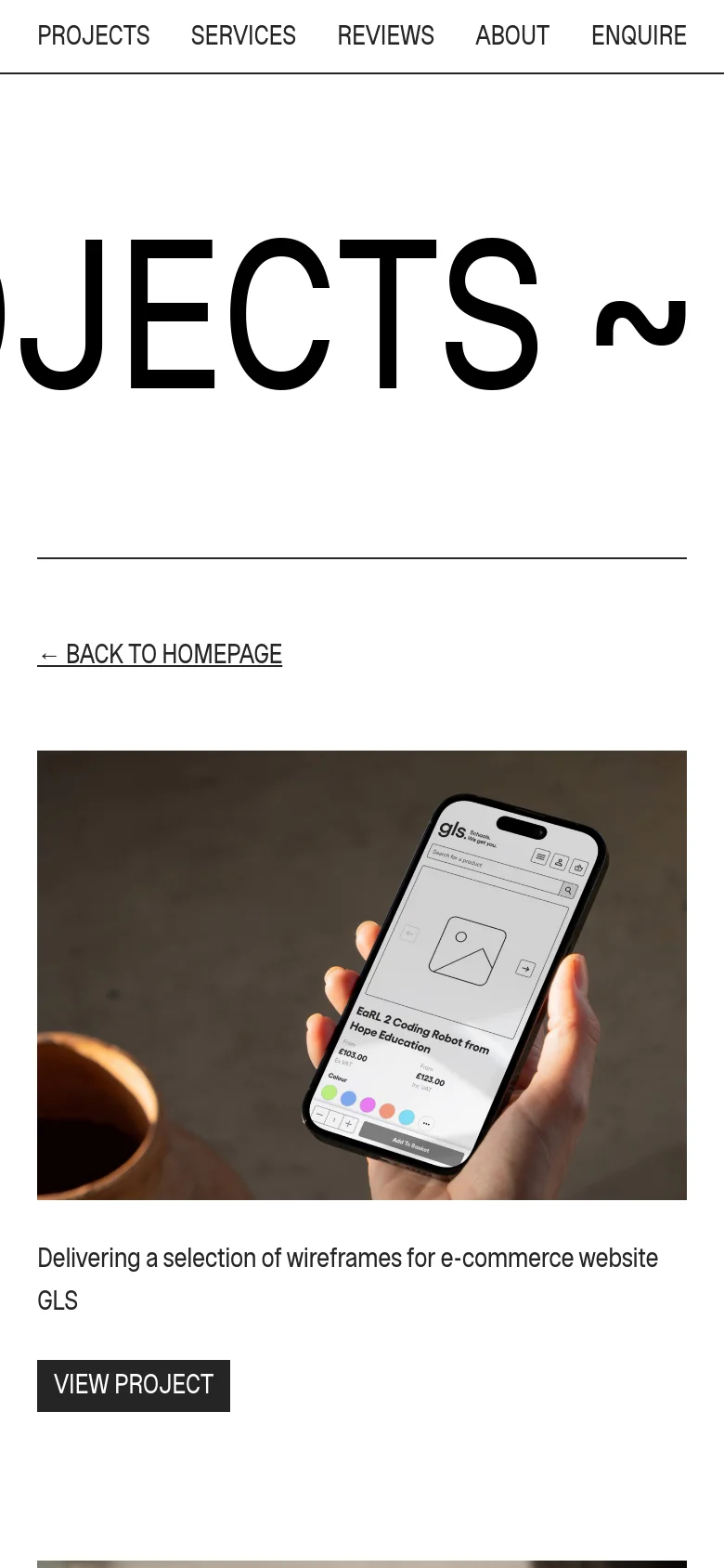 The mobile version maintains the minimalist white and black aesthetic but scales the layout for a single-column view. The large 'PROJECTS' headline is partially visible at the top, and the project content—including the device imagery, description, and 'VIEW PROJECT' button—is stacked vertically to fit the narrow screen width.
