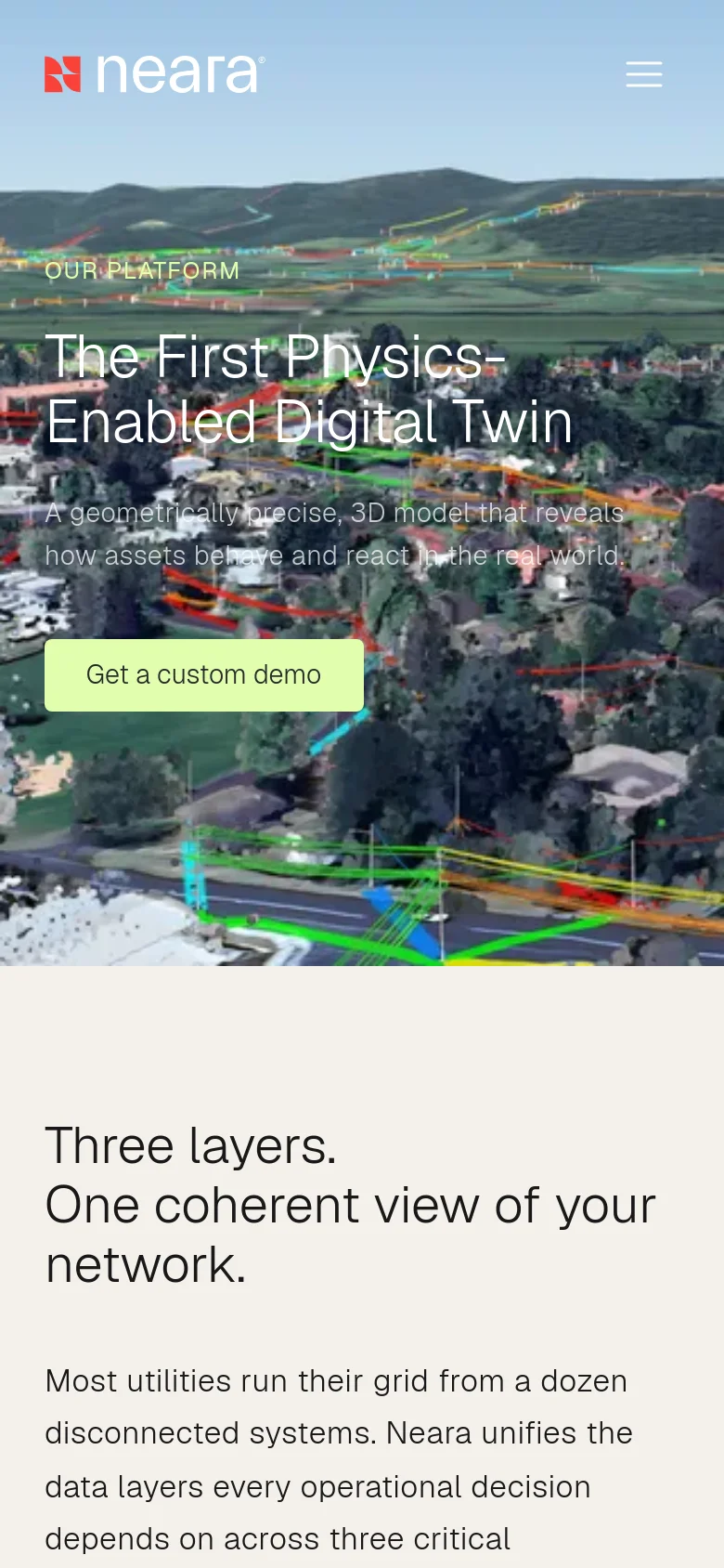 The mobile version presents a vertically stacked layout starting with a full-width hero image of a digital twin landscape. The headline and 'Get a custom demo' button are centered over the image, and the navigation is condensed into a hamburger menu icon in the top right corner.