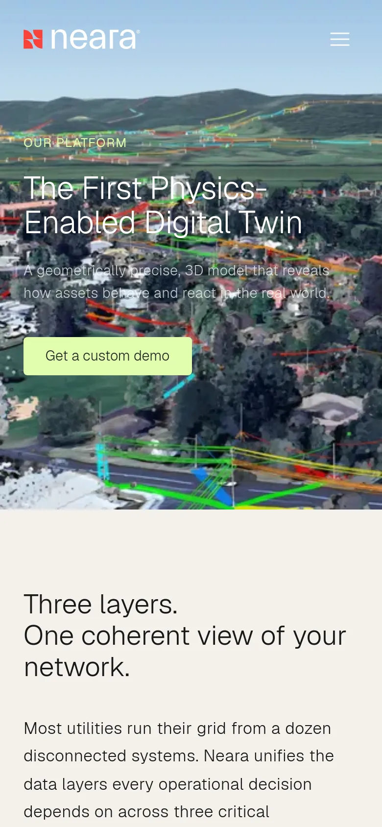 The mobile version presents a vertically stacked layout starting with a full-width hero image of a digital twin landscape. The headline and 'Get a custom demo' button are centered over the image, and the navigation is condensed into a hamburger menu icon in the top right corner.