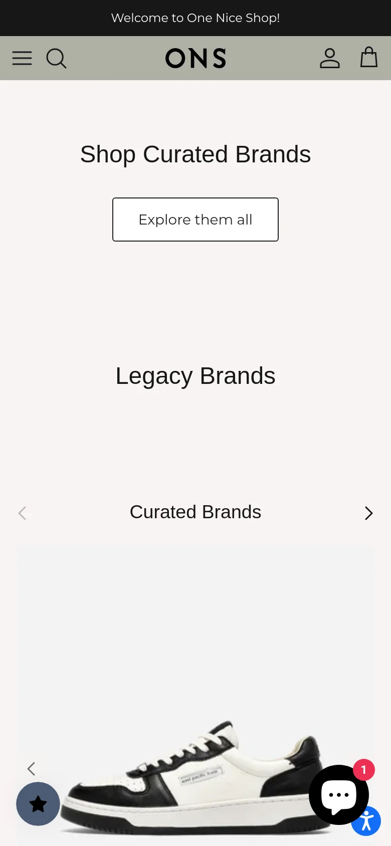 The mobile version maintains the minimalist beige aesthetic but uses a vertically stacked layout. The navigation is condensed into a hamburger menu and search icon, and the brand grid is simplified for smaller screens, focusing on single-column or two-column image displays.