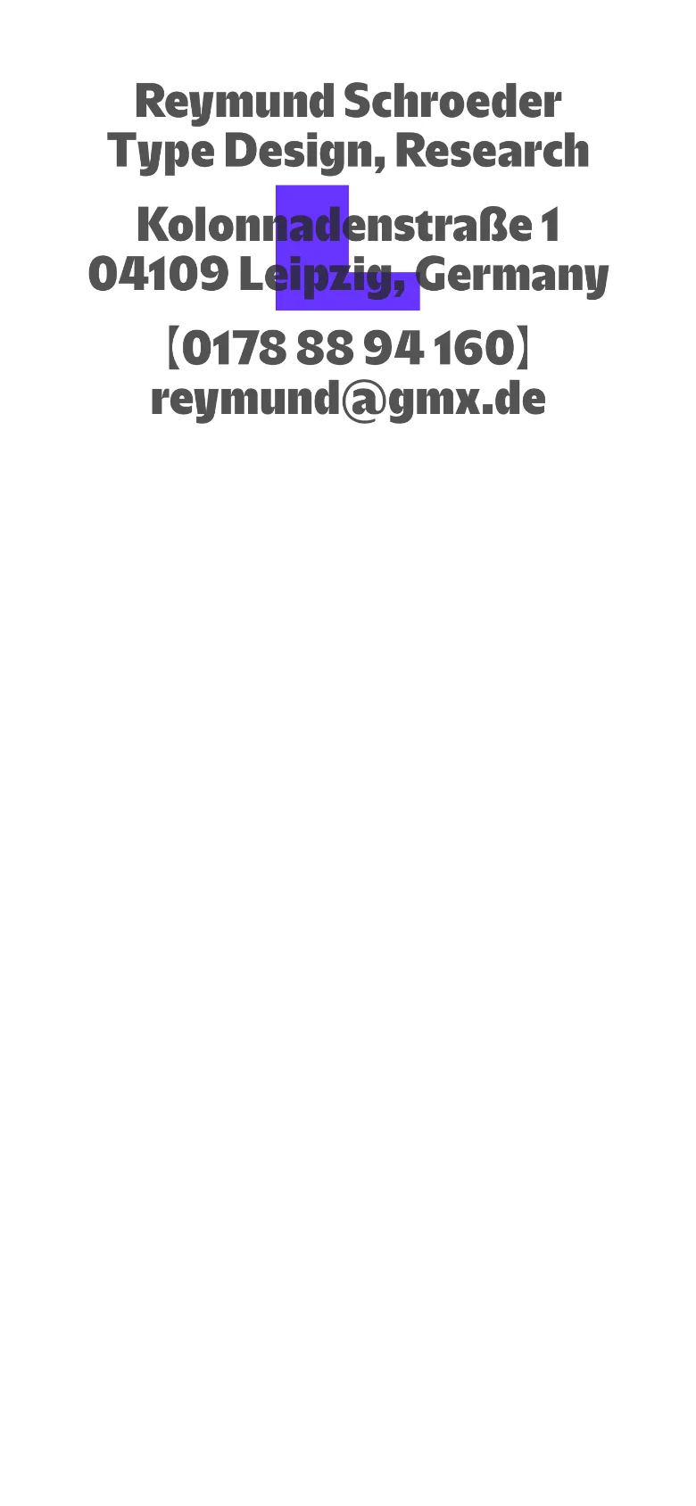 The mobile version maintains the minimalist design with centered, bold dark grey text on a white background. The layout is vertically stacked to fit the narrower screen, presenting the contact information and professional title in a single column.