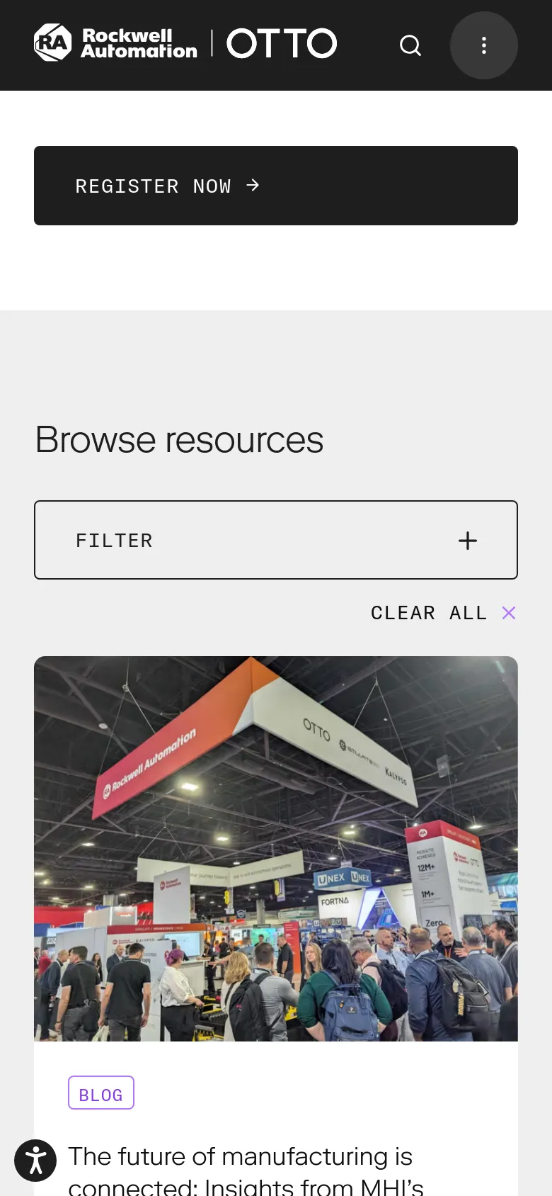The mobile version presents a simplified vertical layout with the 'Browse resources' heading at the top. The filter section is condensed into a single expandable 'FILTER' button with a plus icon, and the blog post cards are stacked vertically to fit the narrow screen width.