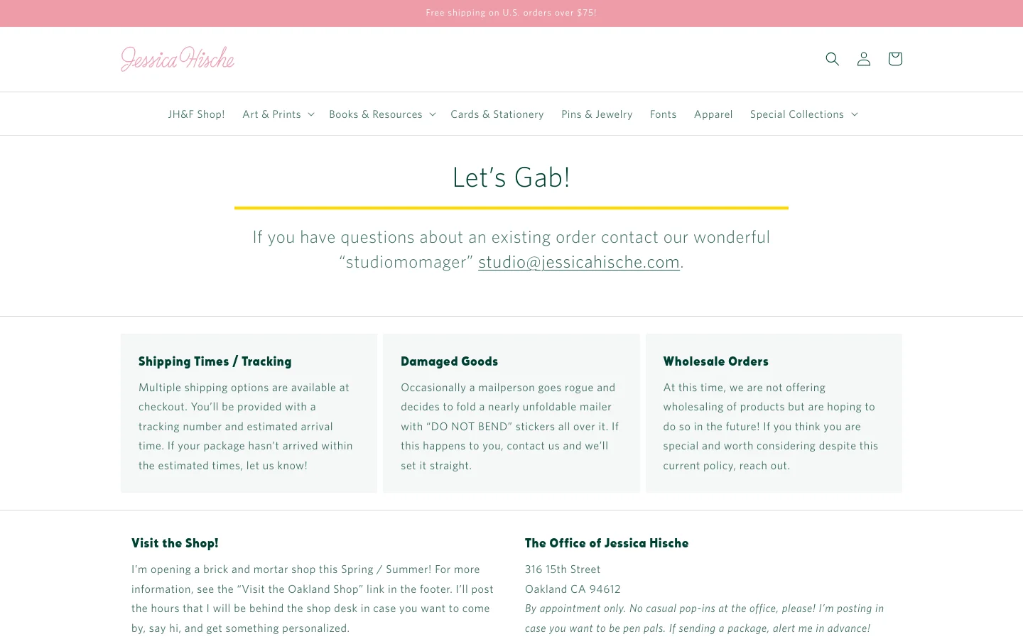 The desktop Contact Us page features a clean, minimalist design with a white background and pink announcement bar. A large 'Let's Gab!' headline is centered above contact instructions, followed by three white content cards for Shipping, Damaged Goods, and Wholesale Orders arranged in a horizontal row. The footer contains two columns of text for shop information and the office address.