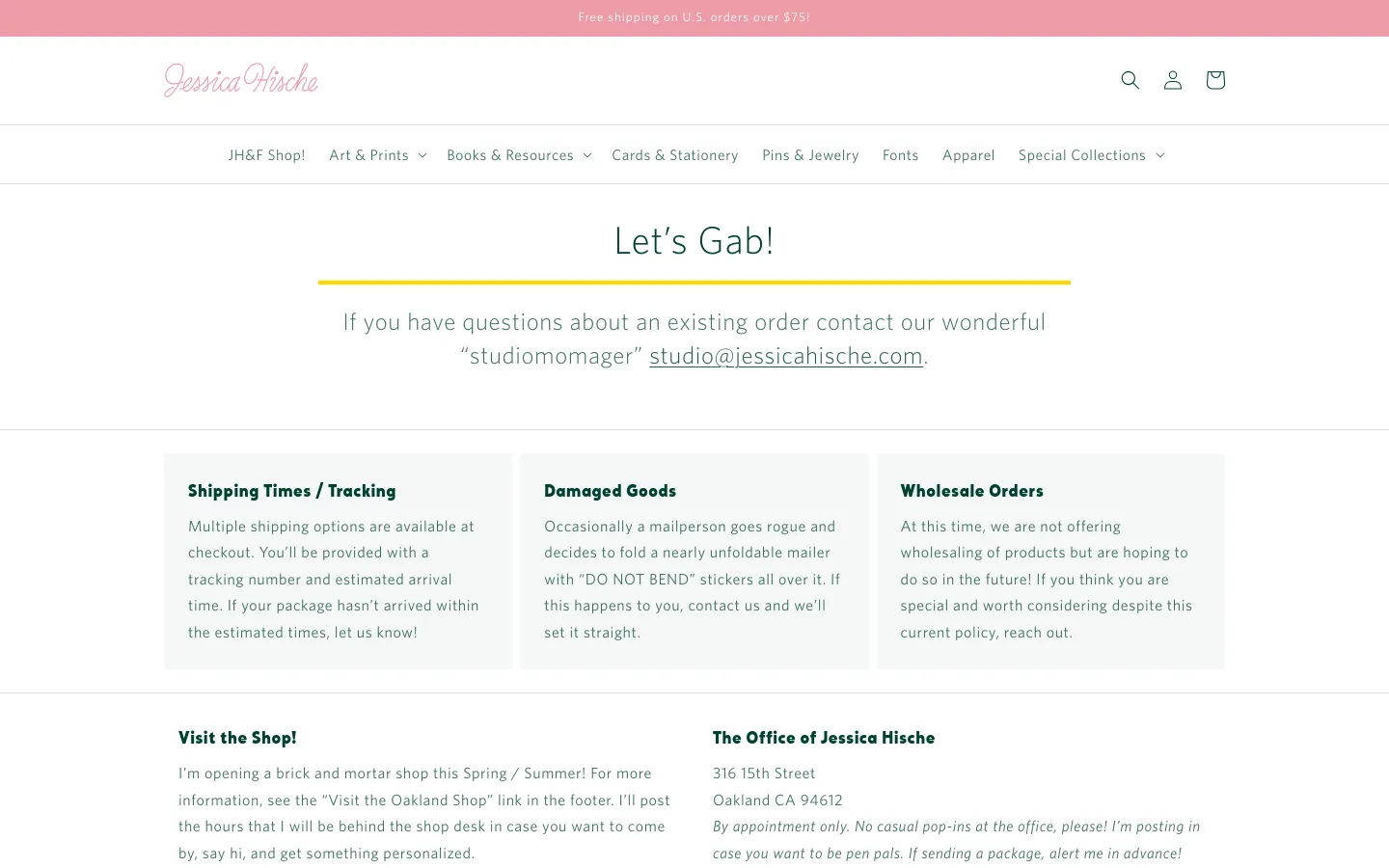 The desktop Contact Us page features a clean, minimalist design with a white background and pink announcement bar. A large 'Let's Gab!' headline is centered above contact instructions, followed by three white content cards for Shipping, Damaged Goods, and Wholesale Orders arranged in a horizontal row. The footer contains two columns of text for shop information and the office address.