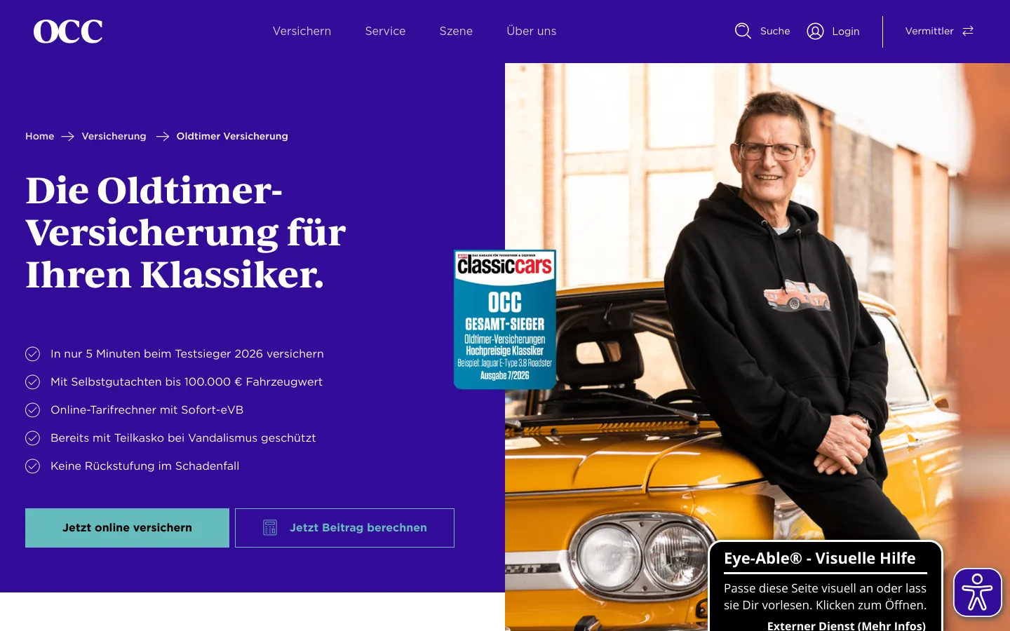 The desktop page features a split layout with a deep purple section on the left containing the headline 'Die Oldtimer-Versicherung für Ihren Klassiker' and a list of benefits with checkmarks. Two buttons, 'Jetzt online versichern' in light teal and 'Jetzt Beitrag berechnen' in dark purple, sit at the bottom left. The right side shows a large photo of a smiling man in a black hoodie leaning against a vintage yellow car, with a small magazine cover overlay.