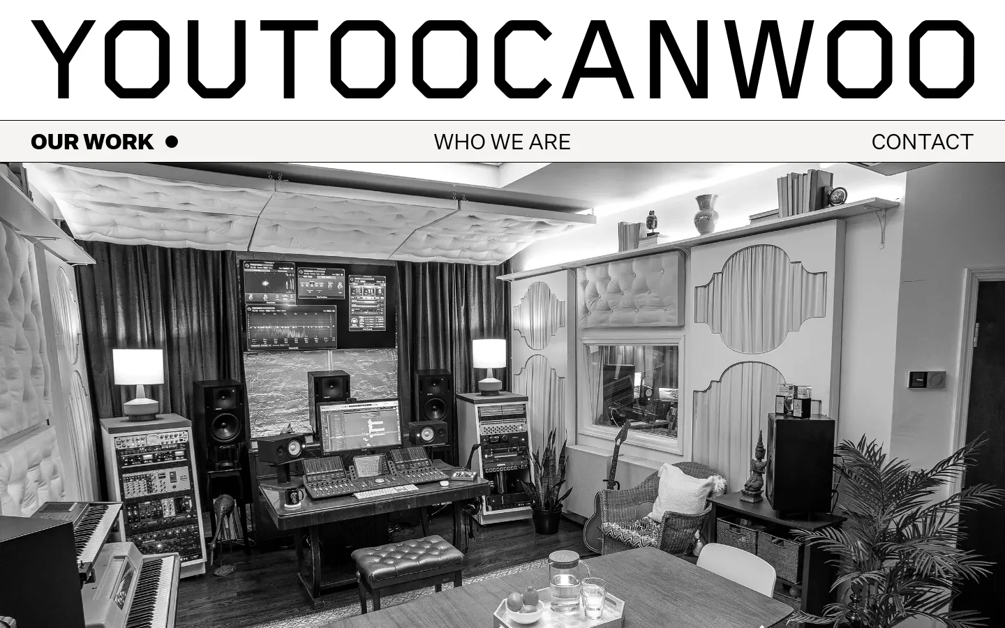 The desktop version features a large black 'YOUTOO CANWOO' logo above a navigation bar with links for 'Our Work', 'Who We Are', and 'Contact'. Below the header is a large black and white hero image of a professional music recording studio, followed by the headline 'HOW WE WOO' and descriptive text about the studio's services.