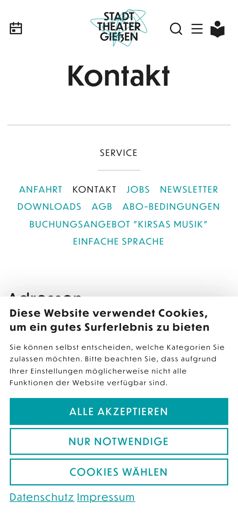 The mobile version presents a simplified vertical layout with the logo and a hamburger menu icon at the top. The 'Kontakt' headline is prominent, followed by a service navigation menu where links are stacked or wrapped. A large cookie consent banner overlays the bottom half of the screen with teal buttons.