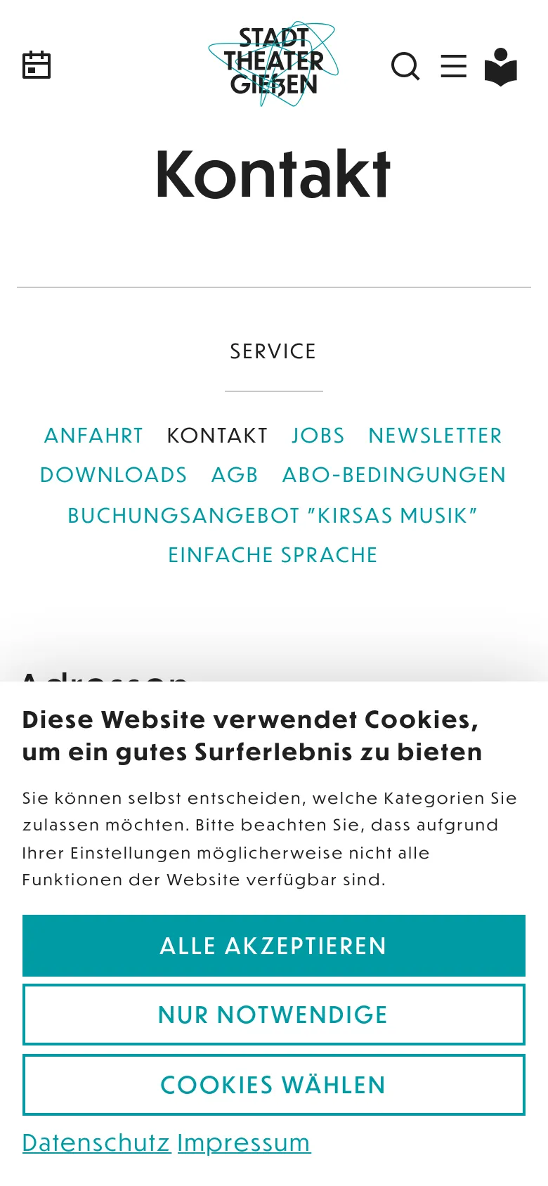 The mobile version presents a simplified vertical layout with the logo and a hamburger menu icon at the top. The 'Kontakt' headline is prominent, followed by a service navigation menu where links are stacked or wrapped. A large cookie consent banner overlays the bottom half of the screen with teal buttons.