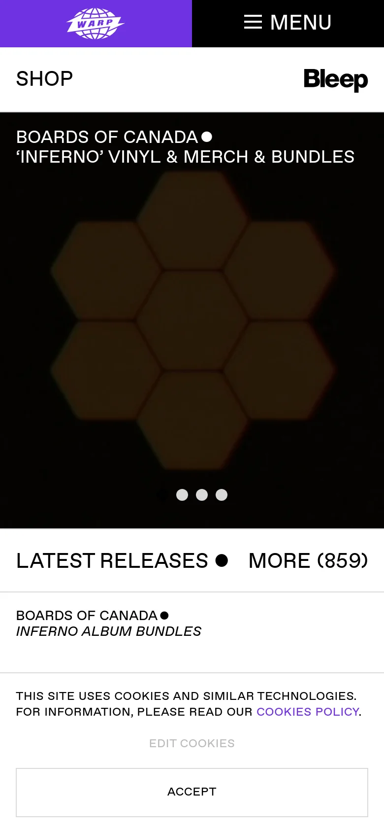 The mobile version presents a vertically stacked layout optimized for small screens. The hero banner and product grids are condensed into single columns, and the top navigation is replaced by a prominent 'MENU' hamburger icon. The lavender and white color scheme remains consistent, but text and images are scaled for vertical scrolling.