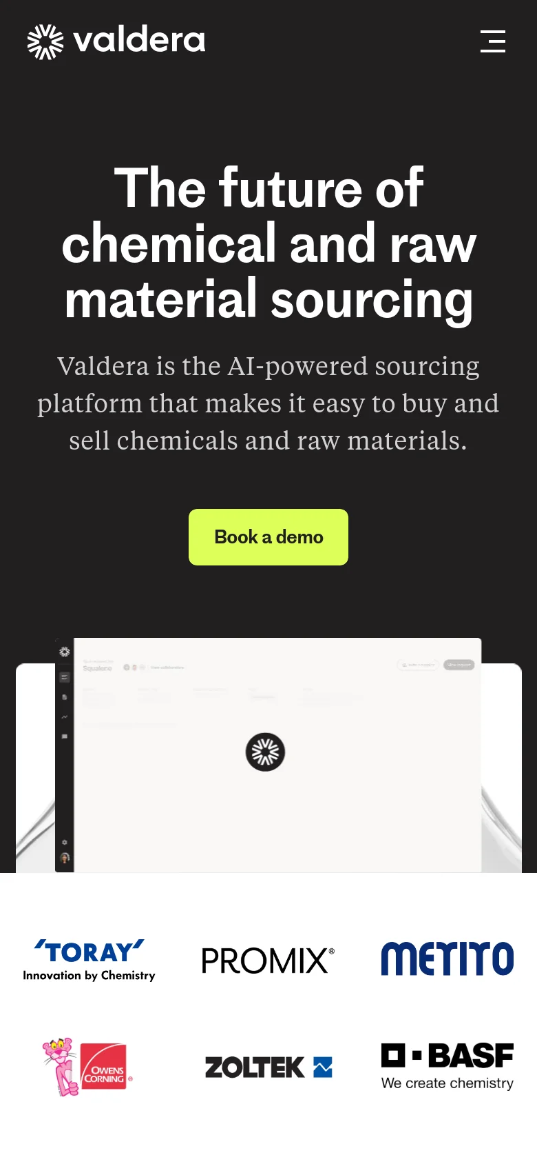 The mobile version uses a vertical layout with the same dark theme and lime green 'Book a demo' button centered under the main headline. The top navigation is condensed into a hamburger menu icon on the right, and the partner logos are stacked or scaled to fit the narrower screen width.