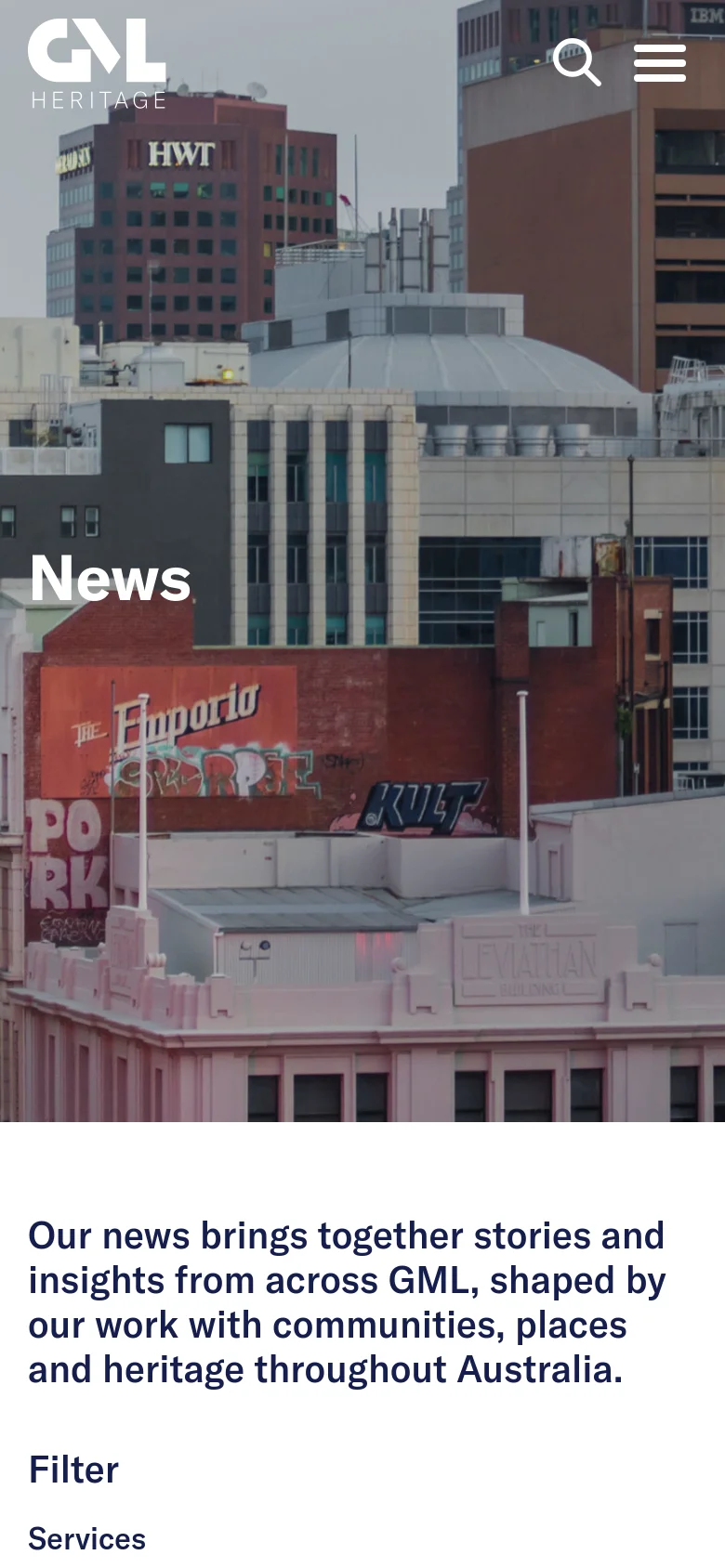 The mobile version maintains the urban cityscape hero image but uses a condensed layout with a hamburger menu and search icon in the header. The news article grid and filter options are stacked vertically to fit the narrow screen width, prioritizing readability on a single column.