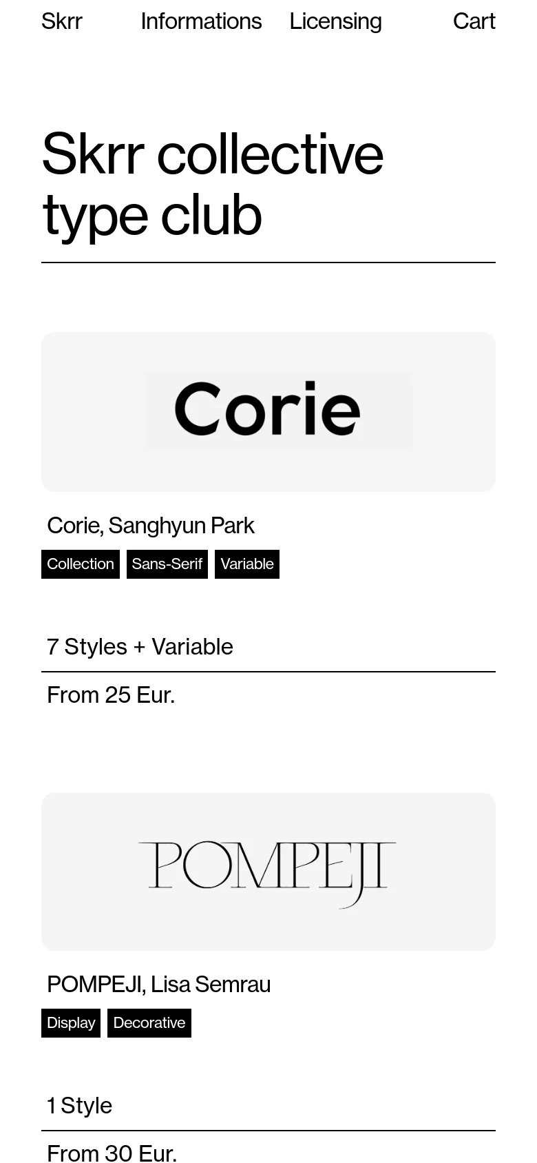 The mobile version maintains the minimalist white aesthetic but transitions the typeface grid into a single-column vertical stack. The navigation links are spread across the top, and the font preview images and details are scaled to fit the narrower screen width.
