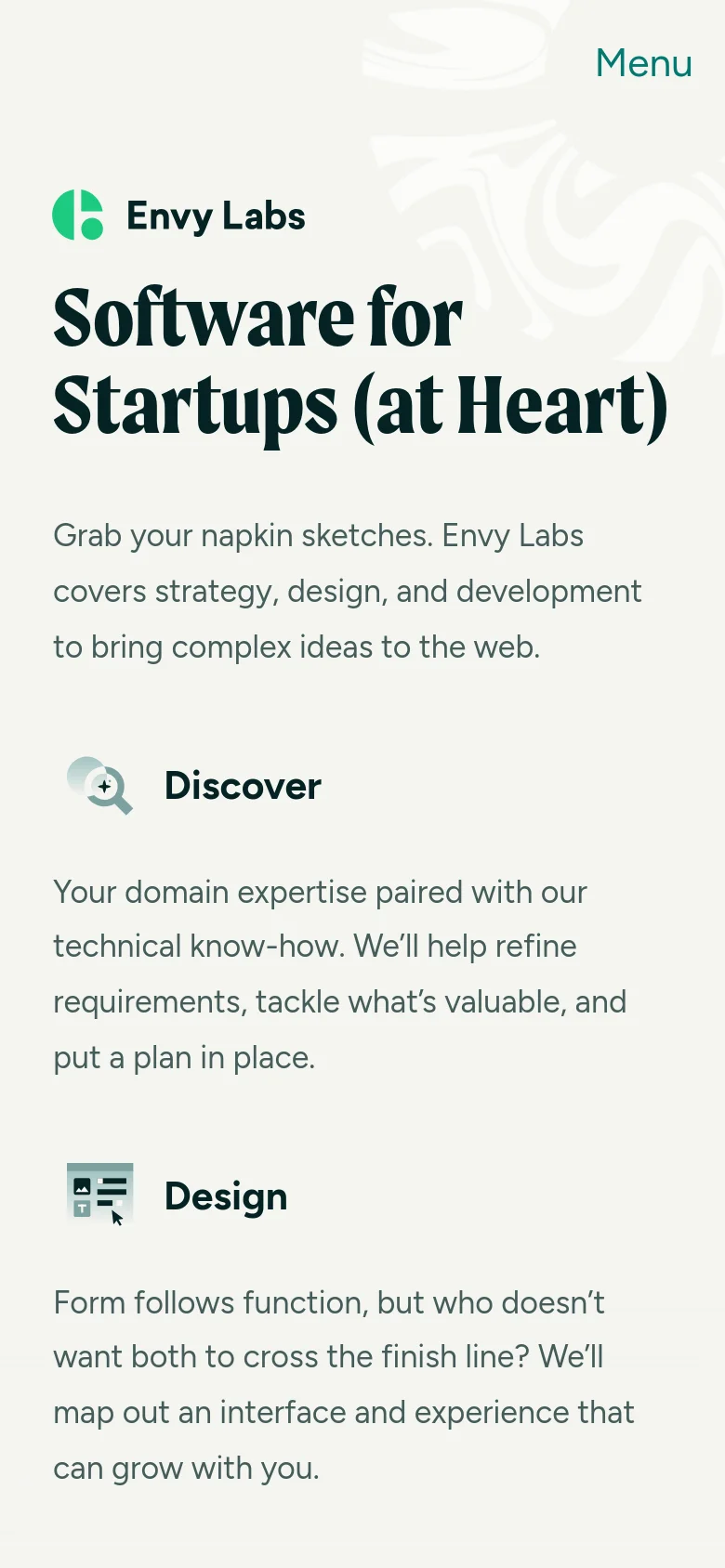 The mobile version uses a single-column vertical layout optimized for small screens. The hero headline and description are centered at the top, followed by the service sections stacked vertically with icons. The navigation is condensed into a 'Menu' button in the top right corner, and the background maintains the light gray aesthetic with subtle wavy patterns.