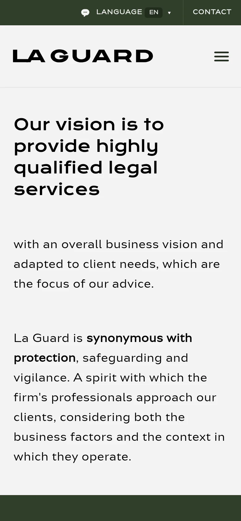 The mobile version simplifies the layout, replacing the horizontal navigation menu with a hamburger icon in the top right. The text is stacked vertically, starting with the large black headline 'Our vision is to provide highly qualified legal services' followed by descriptive paragraphs on a light gray background.