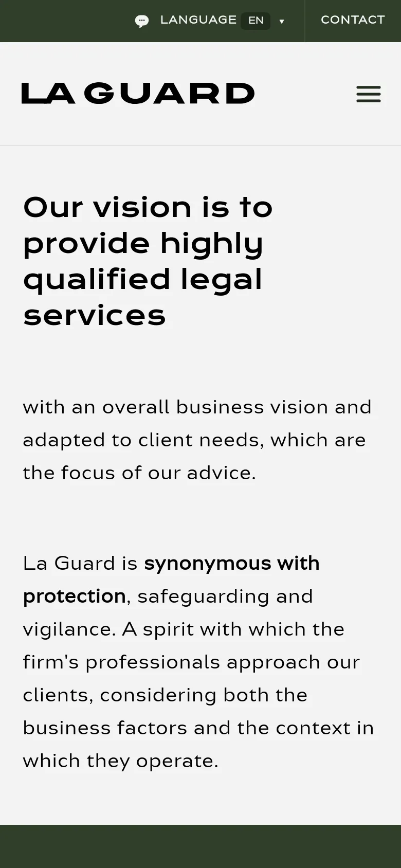 The mobile version simplifies the layout, replacing the horizontal navigation menu with a hamburger icon in the top right. The text is stacked vertically, starting with the large black headline 'Our vision is to provide highly qualified legal services' followed by descriptive paragraphs on a light gray background.