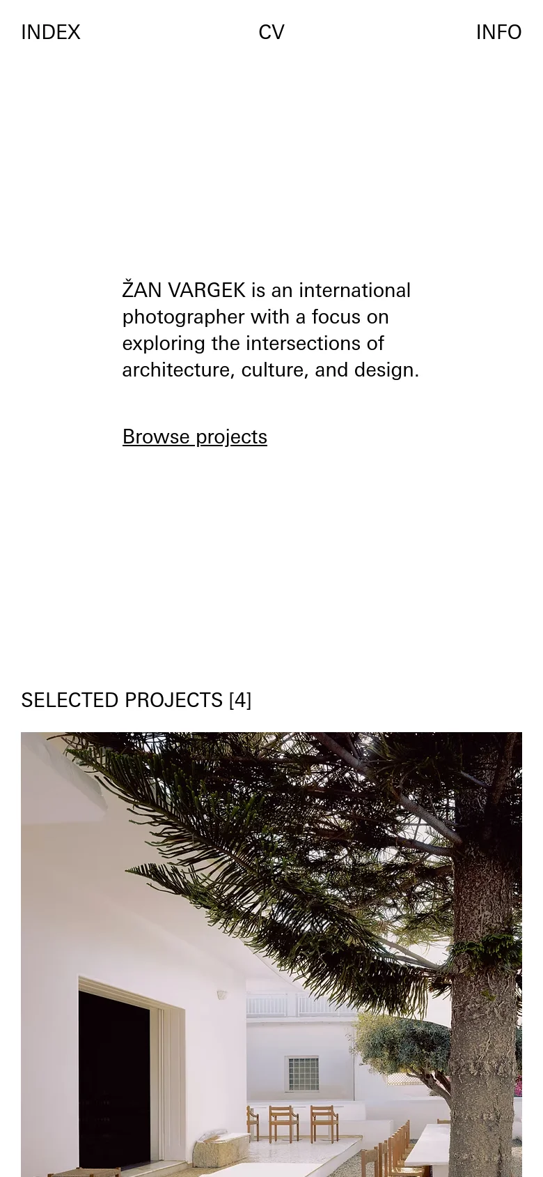 The mobile version maintains the minimalist aesthetic but reconfigures the layout into a single vertical column. The large architectural photograph is positioned at the top, followed by the introductory text and 'Browse projects' call to action, with navigation links appearing at the bottom of the screen.