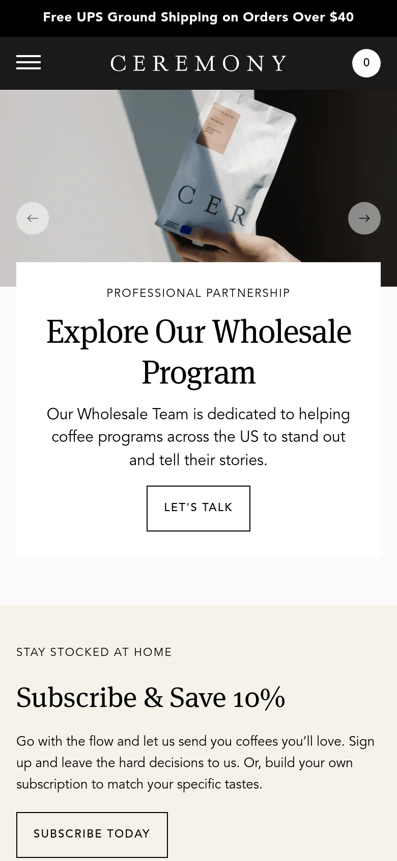 The mobile version uses a simplified layout with a hamburger menu and a centered logo at the top. The hero image of the coffee bag is followed by a white card containing the wholesale program headline and 'LET'S TALK' button. The content is stacked vertically for easy scrolling, and the announcement bar remains at the very top.