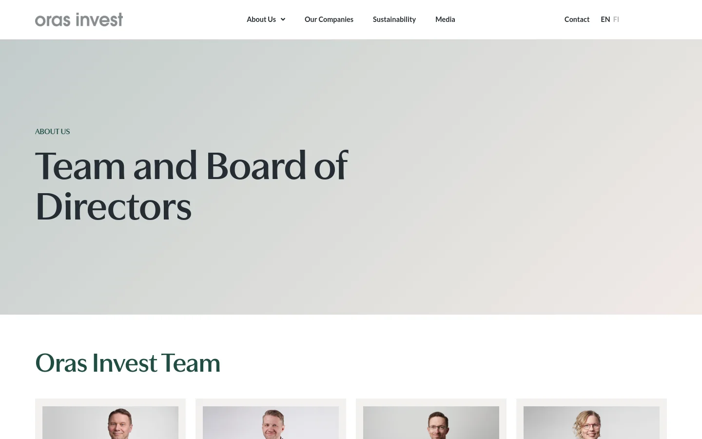 The desktop page features a light gray hero section with the headline 'Team and Board of Directors' under the 'About Us' category. Below, the 'Oras Invest Team' section displays a grid of professional headshots, including President & CEO Markus Melkko, with names and titles listed underneath each photo. The navigation bar at the top includes the Oras Invest logo, menu links for About Us, Our Companies, Sustainability, and Media, and a contact link.