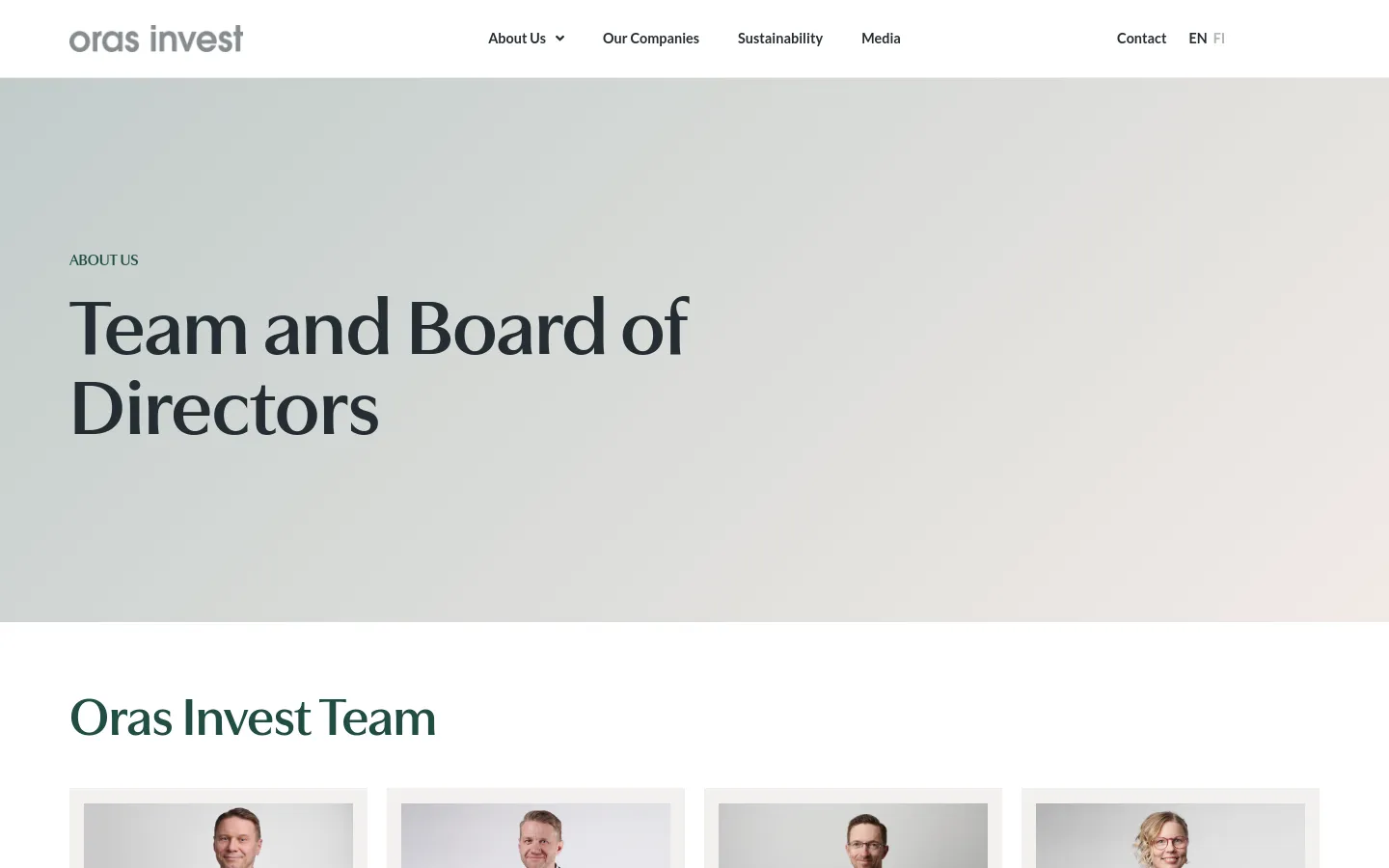 The desktop page features a light gray hero section with the headline 'Team and Board of Directors' under the 'About Us' category. Below, the 'Oras Invest Team' section displays a grid of professional headshots, including President & CEO Markus Melkko, with names and titles listed underneath each photo. The navigation bar at the top includes the Oras Invest logo, menu links for About Us, Our Companies, Sustainability, and Media, and a contact link.