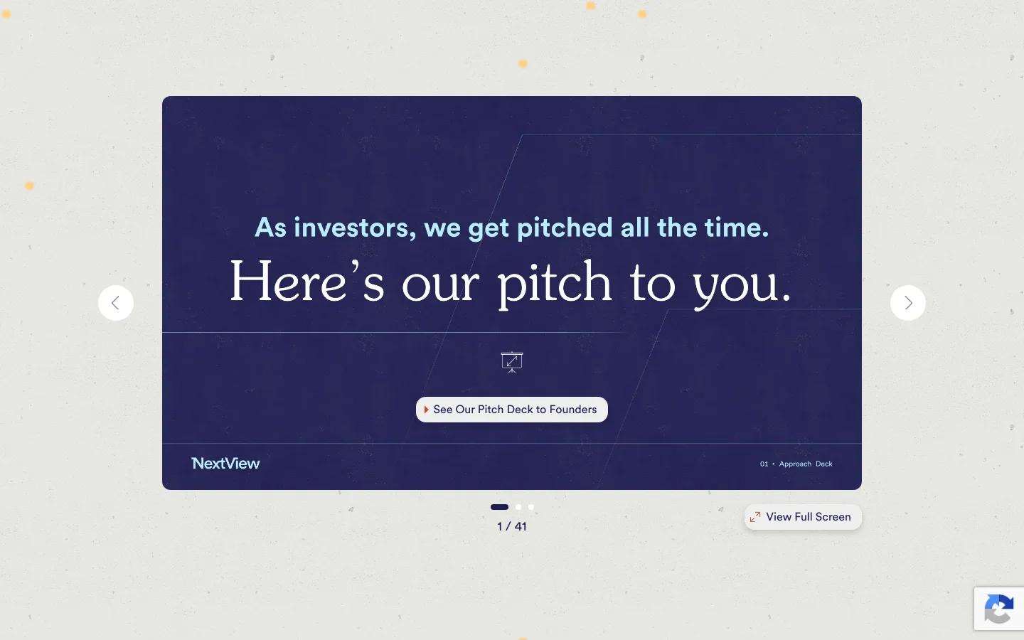 The desktop page features a large dark blue hero slider with white text that reads, 'As investors, we get pitched all the time. Here’s our pitch to you.' A white call-to-action button labeled 'See Our Pitch Deck to Founders' sits in the center, flanked by navigation arrows and a 'View Full Screen' button below. The background is a light grey textured pattern with subtle yellow speckles, and the NextView logo is in the top left.