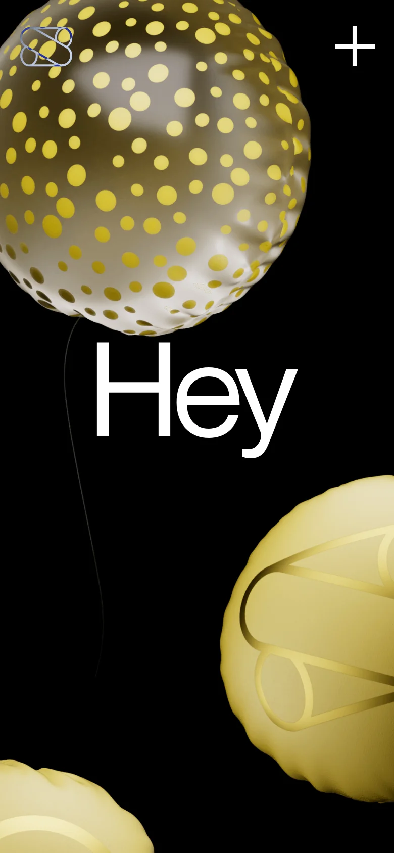 The mobile version maintains the dark aesthetic but transitions to a single-column vertical layout. The hero section features the word 'Hey' prominently over large 3D balloon imagery, and the studio description and team member profiles are stacked vertically for easier scrolling.