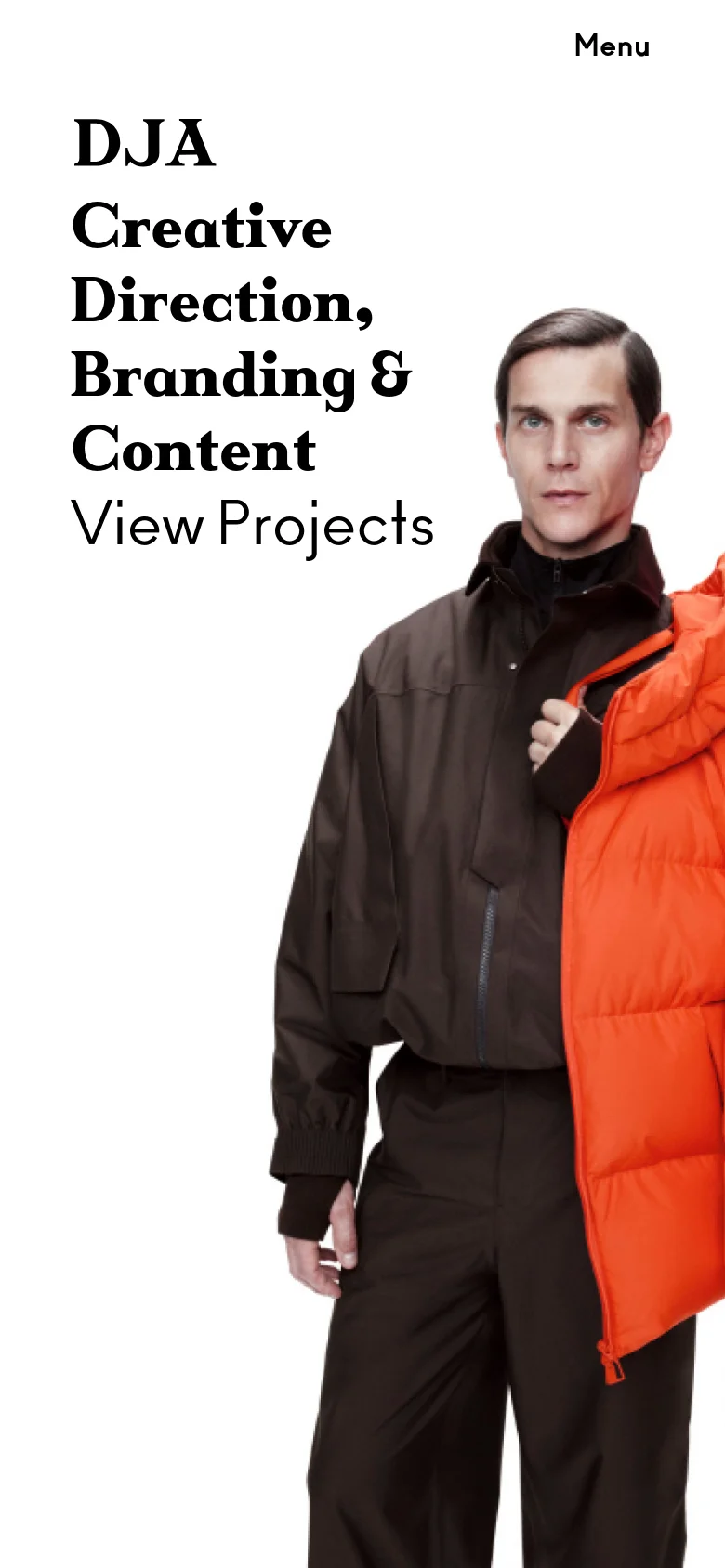 The mobile version uses a similar minimalist light gray background but shifts the layout to a vertical stack. The large black serif text is positioned at the top left, while a portrait-oriented image of a man in a brown jacket and orange puffer vest occupies the right side of the screen.