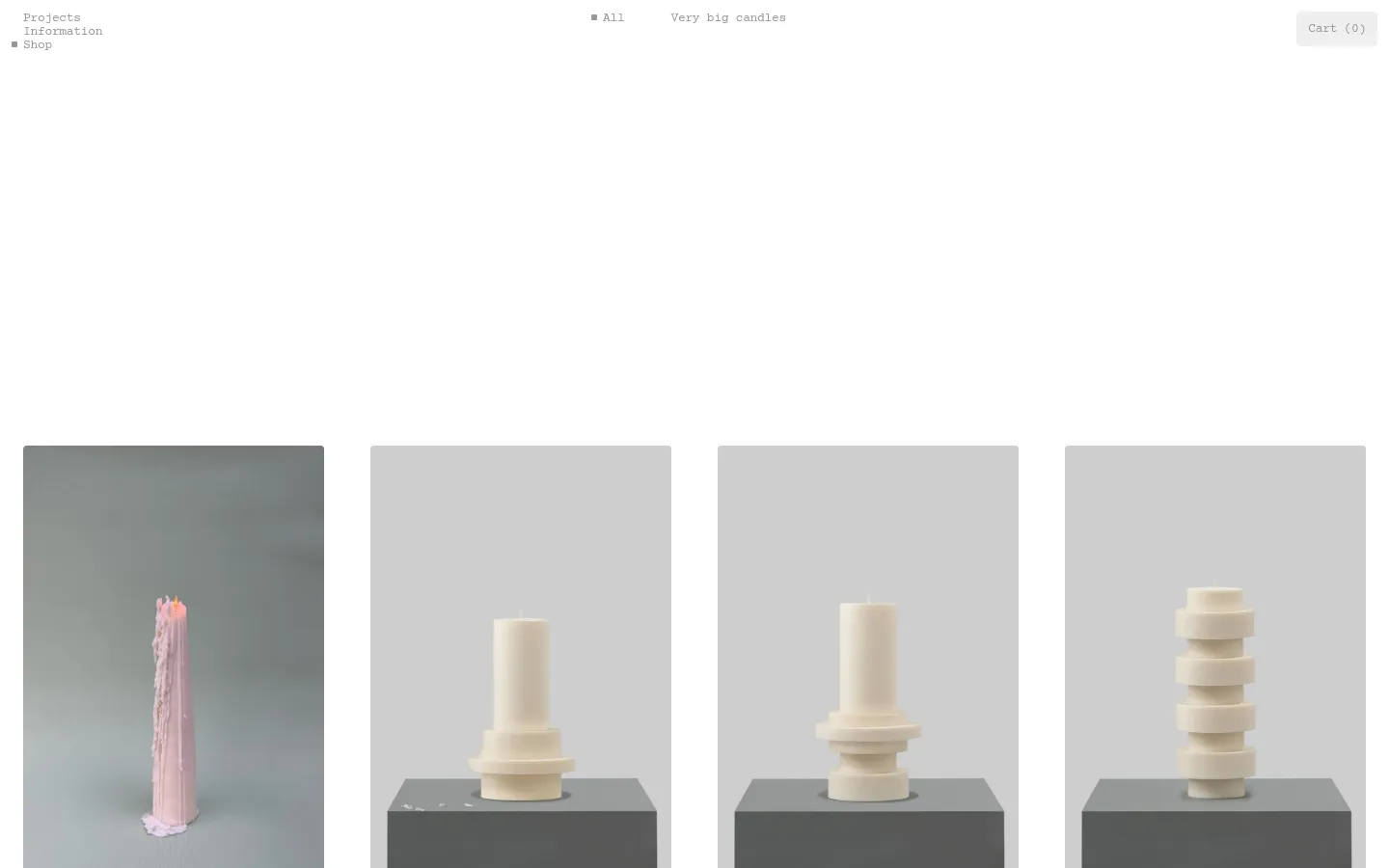 Hélène del Marmol shop page featuring an editorial product grid of sculptural candles. The minimalist layout displays plant-based hand-dipped and large pillar candles on grey pedestals against neutral backgrounds, using a clean serif typography and a muted off-white palette.