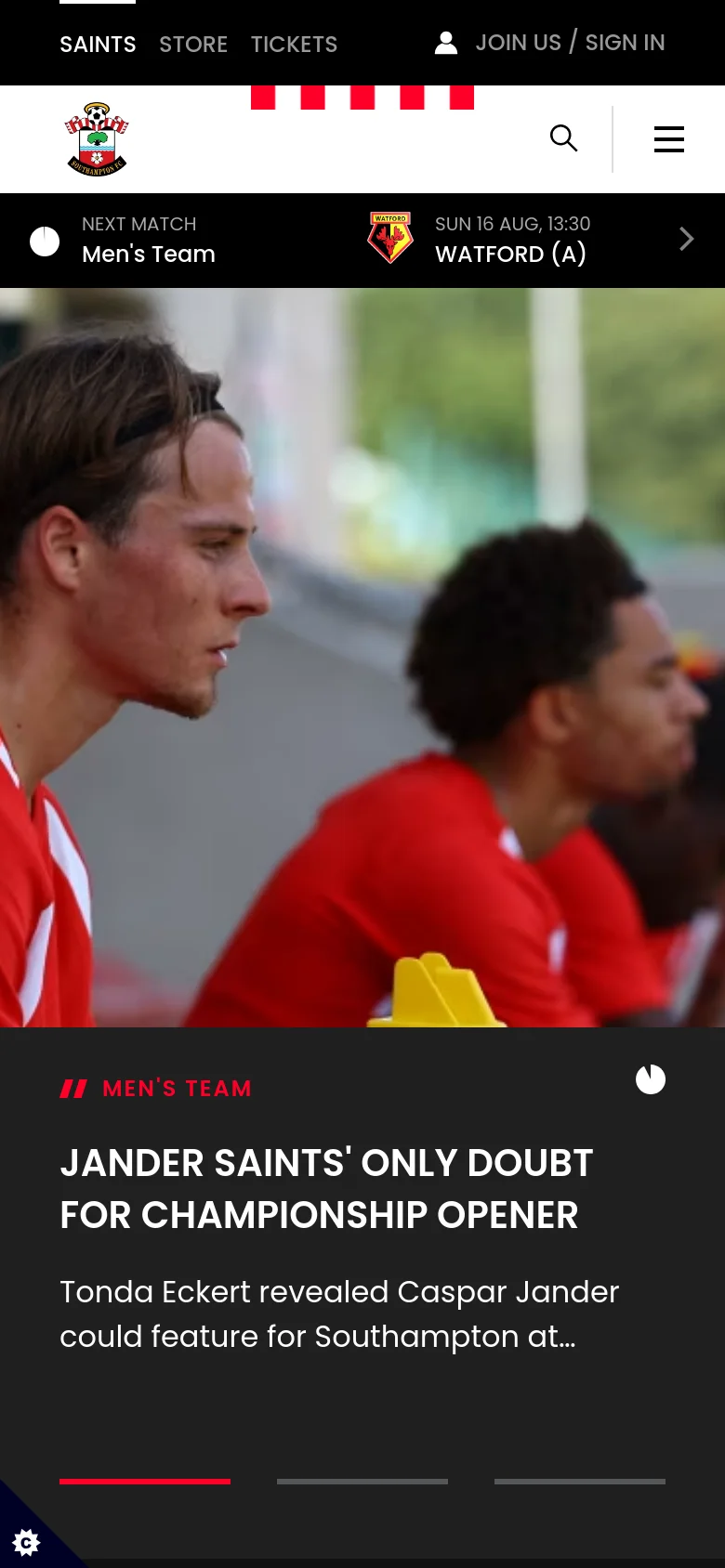 The mobile version displays a condensed layout with a hamburger menu and search icon at the top. The hero section features the same player image and news headline, but the 'Next Match' information is presented in a prominent, full-width black banner below the header. Navigation links are tucked into a menu to save screen space.