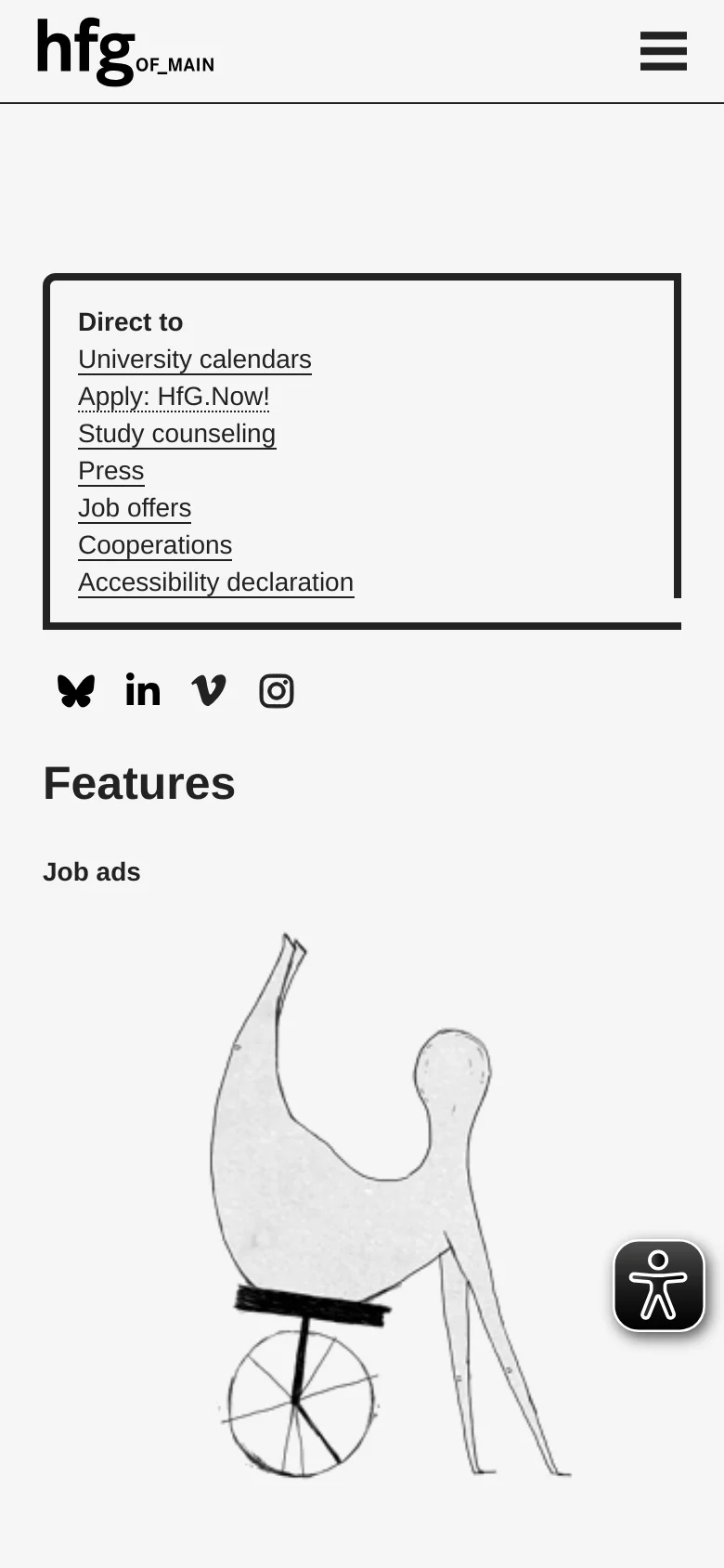 The mobile version simplifies the layout into a single column, replacing the sidebar with a hamburger menu icon in the top right. The 'Direct to' quick links are prominently displayed in a boxed section at the top, followed by social media icons and the 'Features' section featuring a large line drawing illustration.