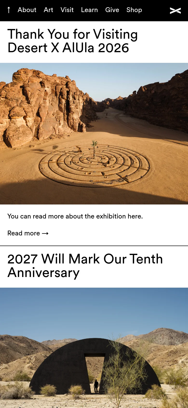 The mobile version uses a vertical stack layout instead of side-by-side columns. The navigation is condensed into a hamburger menu, and the content flows sequentially with the 'Thank You' headline and canyon landscape photo appearing first, followed by the text and the '2027 Anniversary' headline and arched installation photo below.