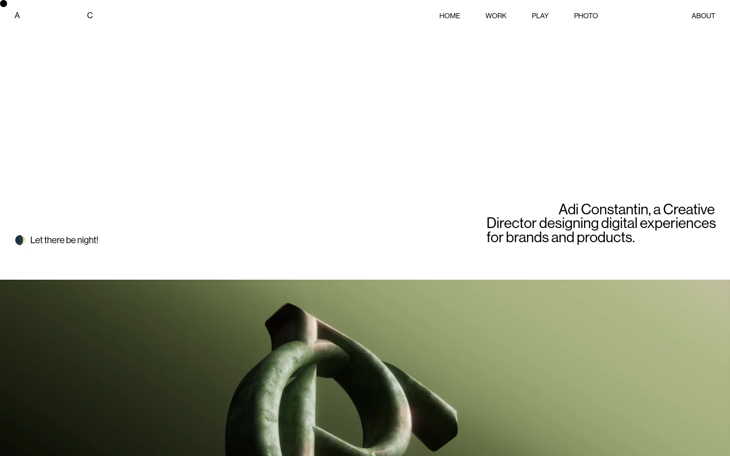 The desktop homepage features a minimalist white layout with 'A C' branding on the left and a navigation menu on the right. A large headline introduces Adi Constantin as a Creative Director, accompanied by a dark mode toggle link and a large, abstract green 3D shape at the bottom. A featured project section below shows a dark cinematic image of a digital interface.