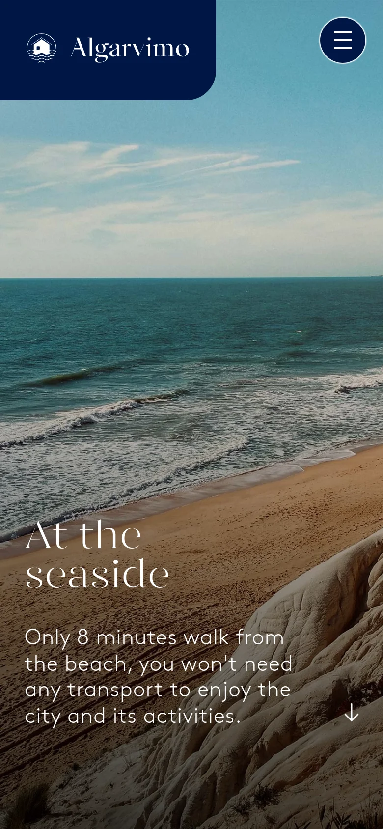 The mobile version displays the same beach hero imagery and white overlay text, but the navigation is condensed into a dark blue header with the logo and a hamburger menu icon on the right. The layout is vertically oriented to fit the narrow screen, focusing on the scenic coastal view.
