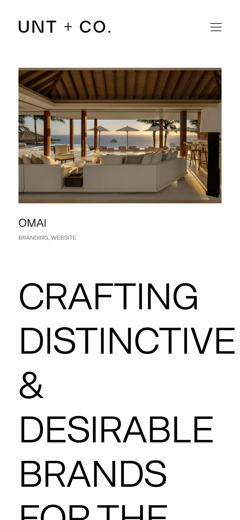 The mobile version features a simplified layout with a hamburger menu icon in the top right and the studio name 'UNT + CO.' prominently displayed. The hero image of the tropical resort is scaled to fit the width of the screen, followed by large, bold typography for the headline.