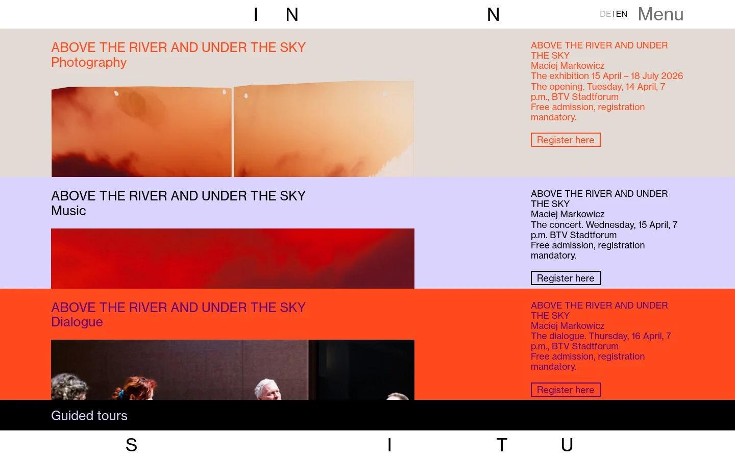 The desktop homepage features a minimalist, modern layout with large, bold typography and a color-blocked design using orange, lavender, and deep red sections. A hero image of a sunset sky is split across the top, accompanied by event details for Maciej Markowicz's exhibition and prominent 'Register here' buttons. The navigation is clean, with 'Menu' and language options positioned at the top right.