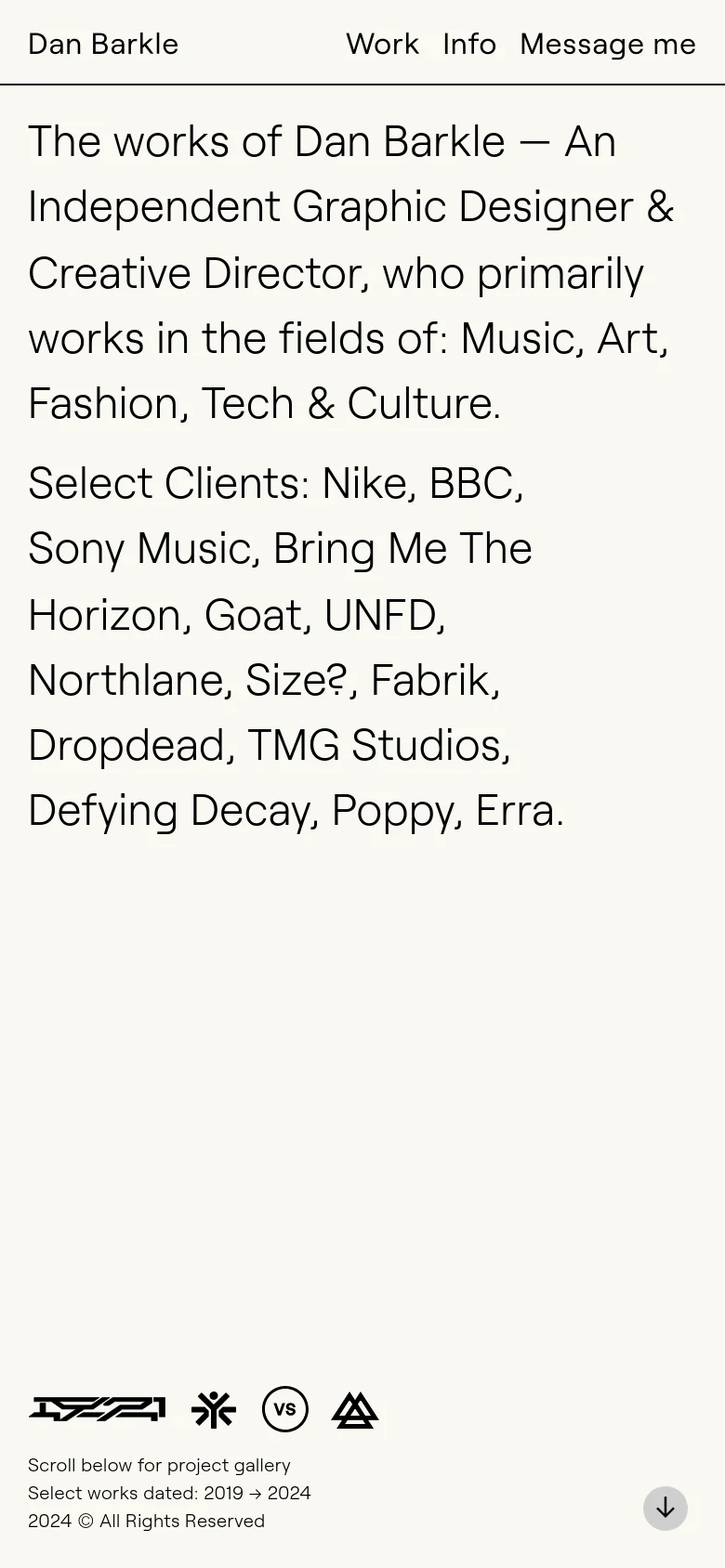 The mobile version presents a simplified, single-column vertical layout of the portfolio. The large headline text and client list are stacked vertically, and the navigation menu is condensed at the top. The client logo grid and footer information are scaled down to fit the narrower screen width.