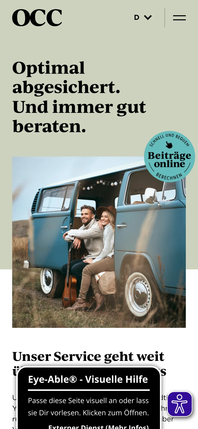 The mobile version stacks the elements vertically, starting with the OCC logo and a hamburger menu icon. The large headline appears above a square-cropped version of the hero image showing the couple in the blue van. The circular blue 'Beiträge online' badge is positioned partially over the top right of the image.