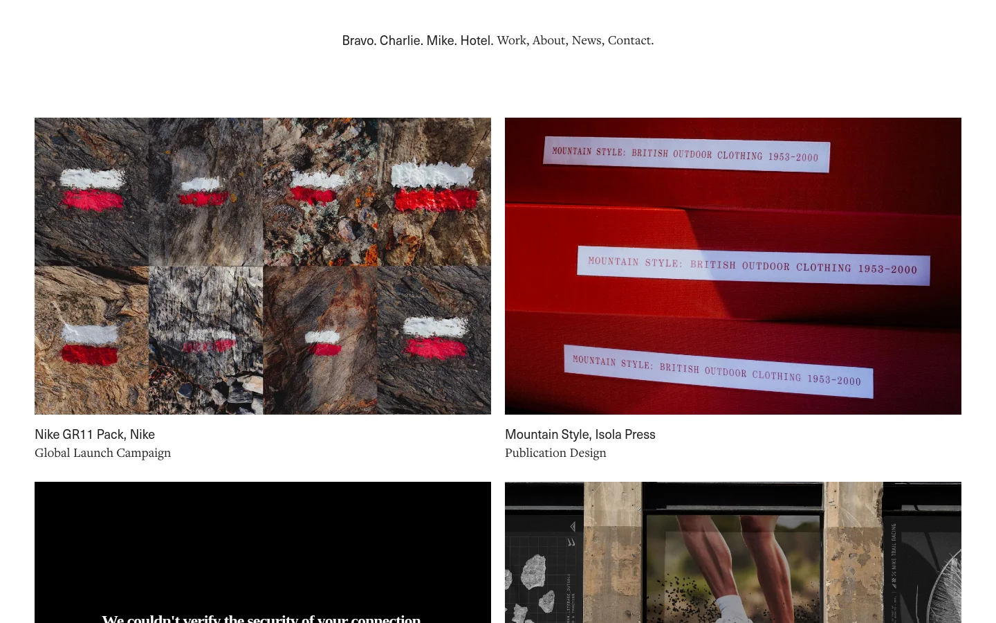 The desktop page features a minimalist white background with a top navigation menu containing text links. A grid layout showcases various design projects, each represented by a large rectangular image followed by a bold black headline describing the project, such as the Nike GR11 Pack and Mountain Style publication.