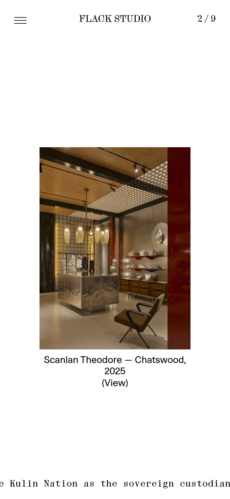 The mobile version maintains the minimalist aesthetic but stacks elements vertically, centering the large interior hero image and the project title 'Scanlan Theodore — Chatswood, 2025'. The navigation is condensed into a hamburger menu icon on the left, and the land acknowledgment text is positioned at the bottom of the screen.