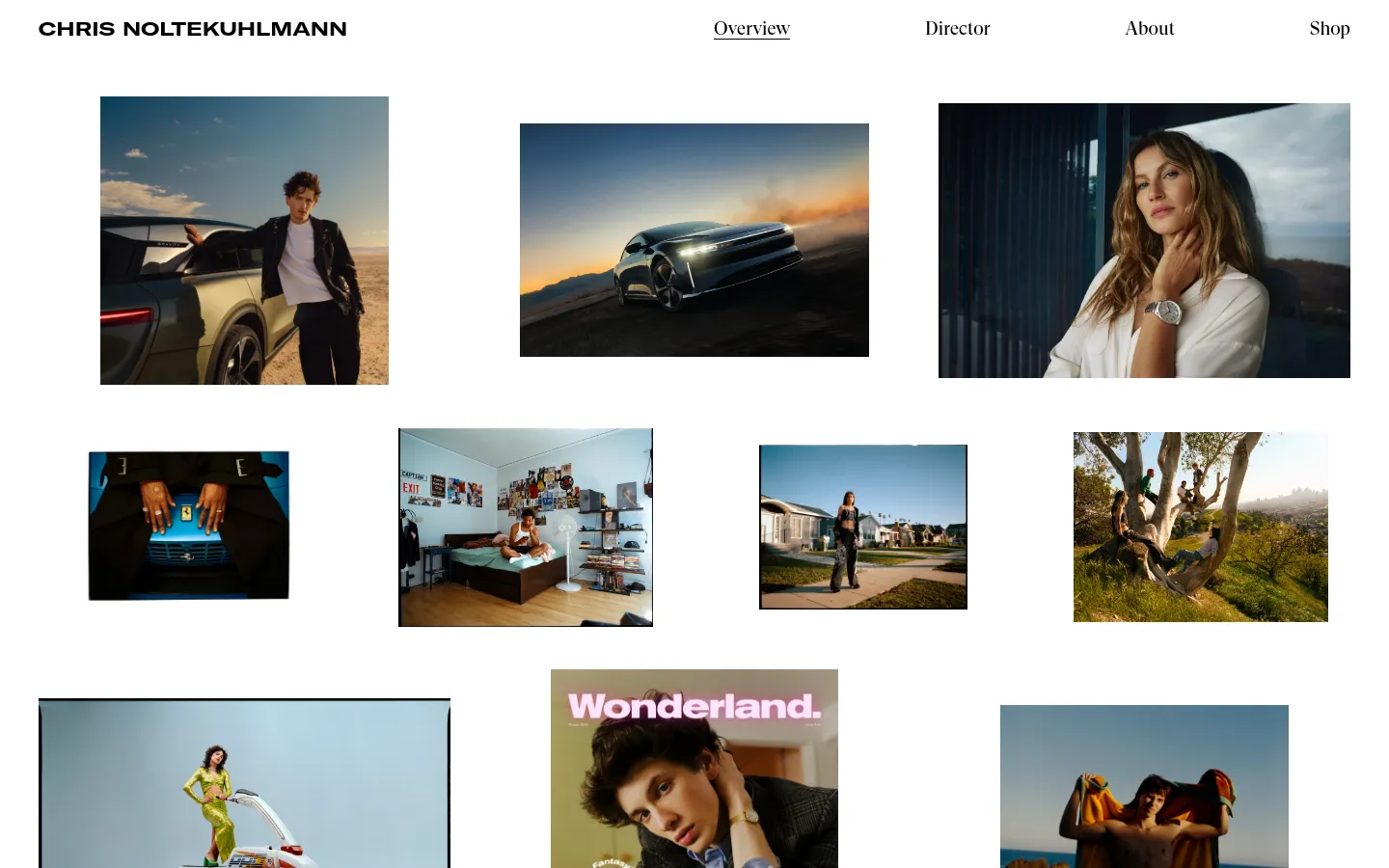 The desktop homepage for photographer Chris Noltekuhlmann features a clean white background with a navigation menu containing Overview, Director, About, and Shop. A masonry-style grid displays high-quality photography including automotive shots, fashion portraits, and lifestyle imagery in various landscape and portrait orientations.