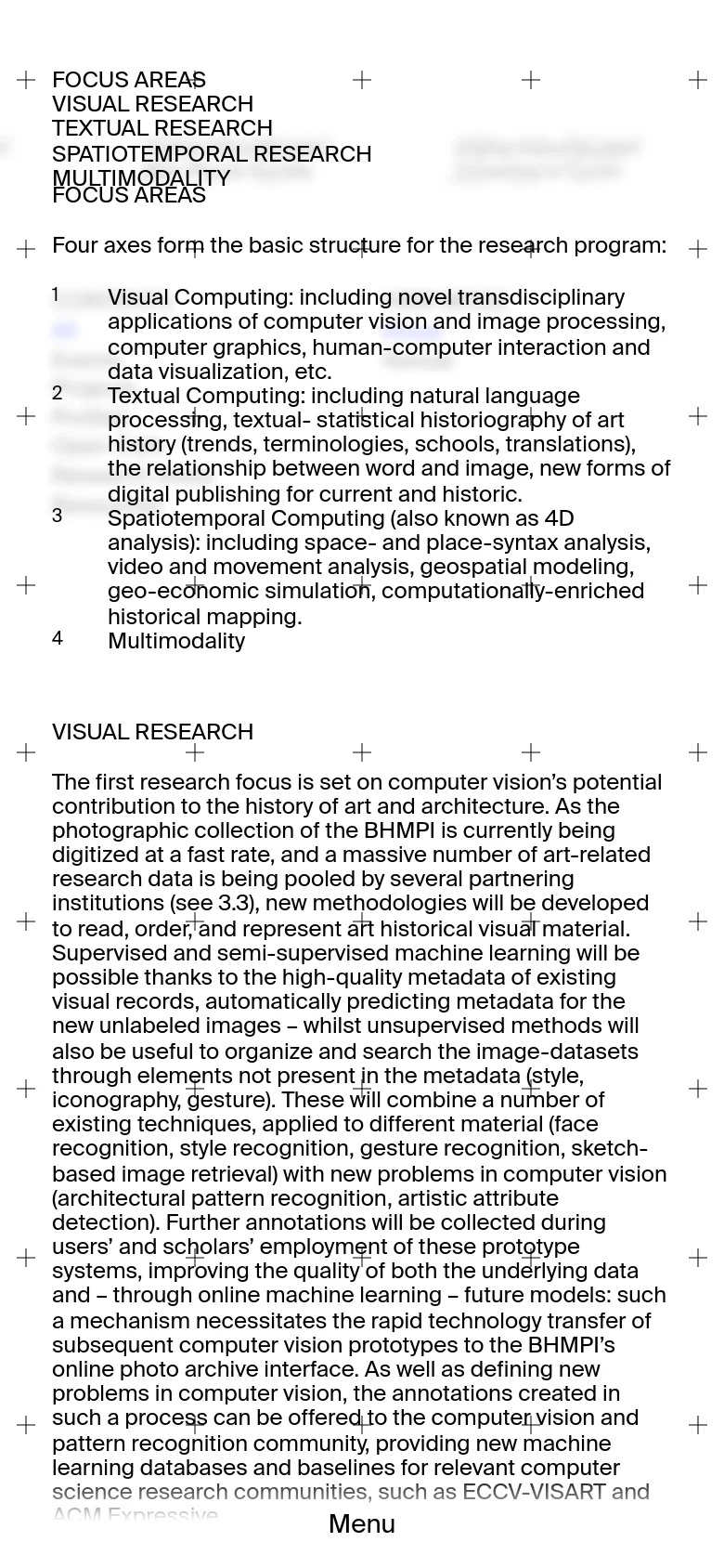 The mobile version presents a single-column vertical layout optimized for scrolling, with the 'FOCUS AREAS' heading and numbered list appearing at the top. The text is stacked vertically, and the abstract blue and yellow image is moved below the primary text content to fit the narrow screen width.