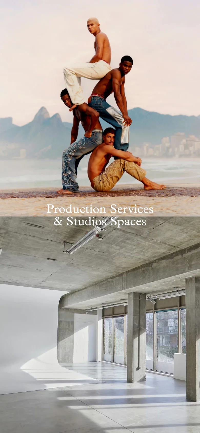 The mobile version stacks the content vertically, starting with the beach photography followed by the studio interior. The headline 'Production Services & Studios Spaces' is positioned between these two large images. Navigation and service links are presented in a simplified vertical layout optimized for scrolling.