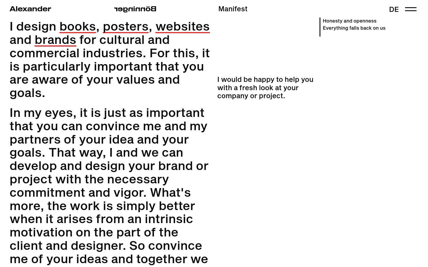 The desktop version features a minimalist design with a white background and black typography. A large, bold headline on the left describes the designer's services, while the right side contains a smaller call-to-action text and a vertical list of manifest principles. The navigation bar at the top includes the name 'Alexander Bönninger', the page title 'Manifest', and a language selector.