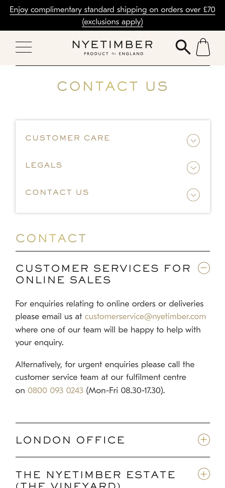 The mobile version presents a simplified, single-column layout with a hamburger menu and search icon at the top. The contact information is organized into expandable accordion sections for Customer Care, Legals, and Contact Us, followed by detailed contact sections for Customer Services, the London Office, and the Vineyard.