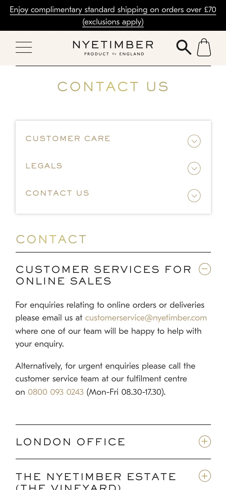 The mobile version presents a simplified, single-column layout with a hamburger menu and search icon at the top. The contact information is organized into expandable accordion sections for Customer Care, Legals, and Contact Us, followed by detailed contact sections for Customer Services, the London Office, and the Vineyard.