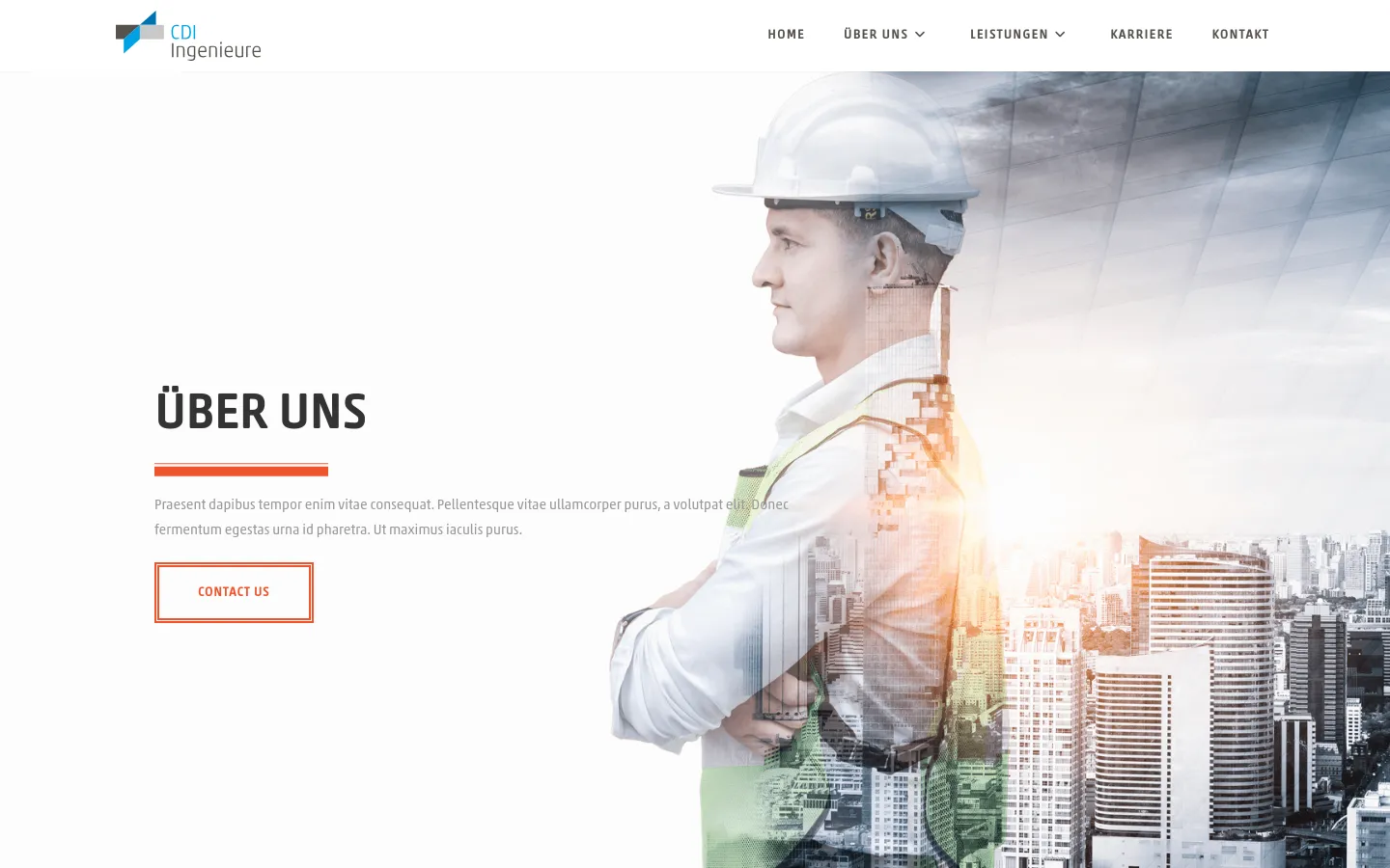 The desktop page features a clean white header with the CDI Ingenieure logo and a horizontal navigation menu. A large hero section displays a profile of an engineer in a hard hat overlaid with a cityscape, featuring the headline 'ÜBER UNS' and a red 'CONTACT US' button. Below, the 'OUR COMPANY' section begins with a centered heading and a red accent line.