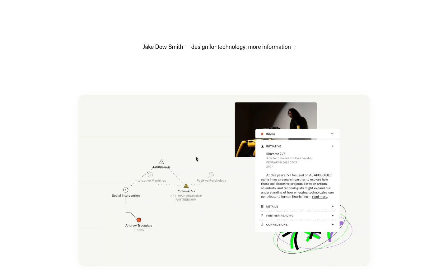 The desktop homepage features a minimalist white background with black text. A large hero section displays an interactive node-based diagram with connecting lines and labels, overlaid by a white information panel containing an index and project details. Below this, a grid layout showcases project previews, including a dark collage of photos and a light-themed editorial layout.
