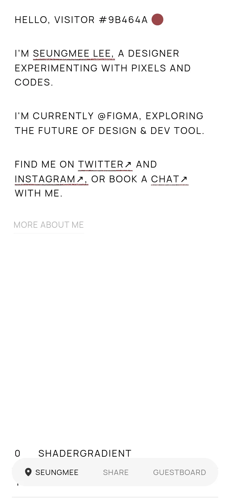 The mobile version maintains the minimalist aesthetic but uses a single-column vertical layout for easier scrolling. The introductory text is stacked vertically, and the project list is simplified into a clear, numbered list at the bottom of the screen. A floating navigation pill at the bottom provides quick access to the user profile, sharing, and the guestboard.